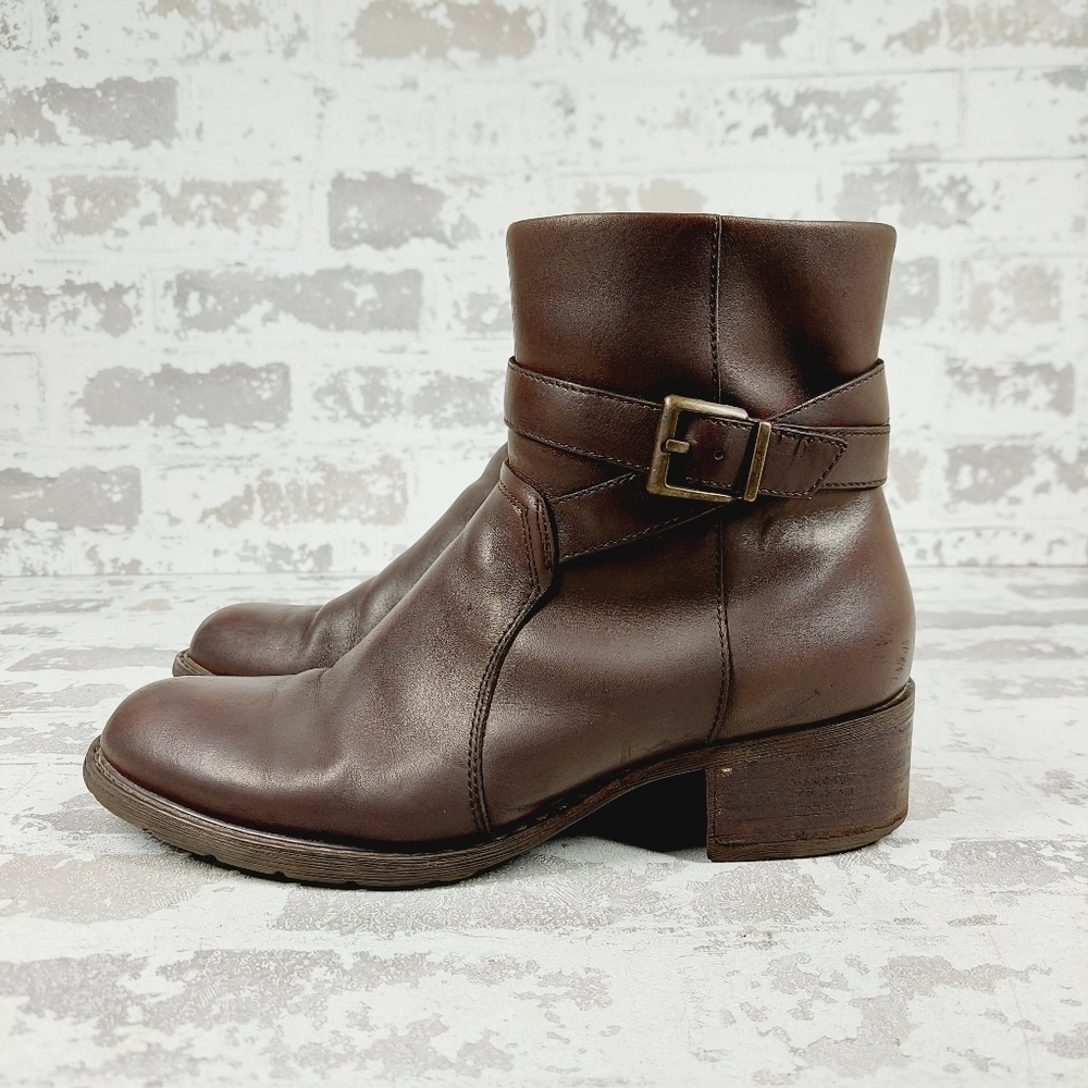 Relativity Nottingham Brown Leather Buckle Strap Bloc Heel Ankle Boots C911